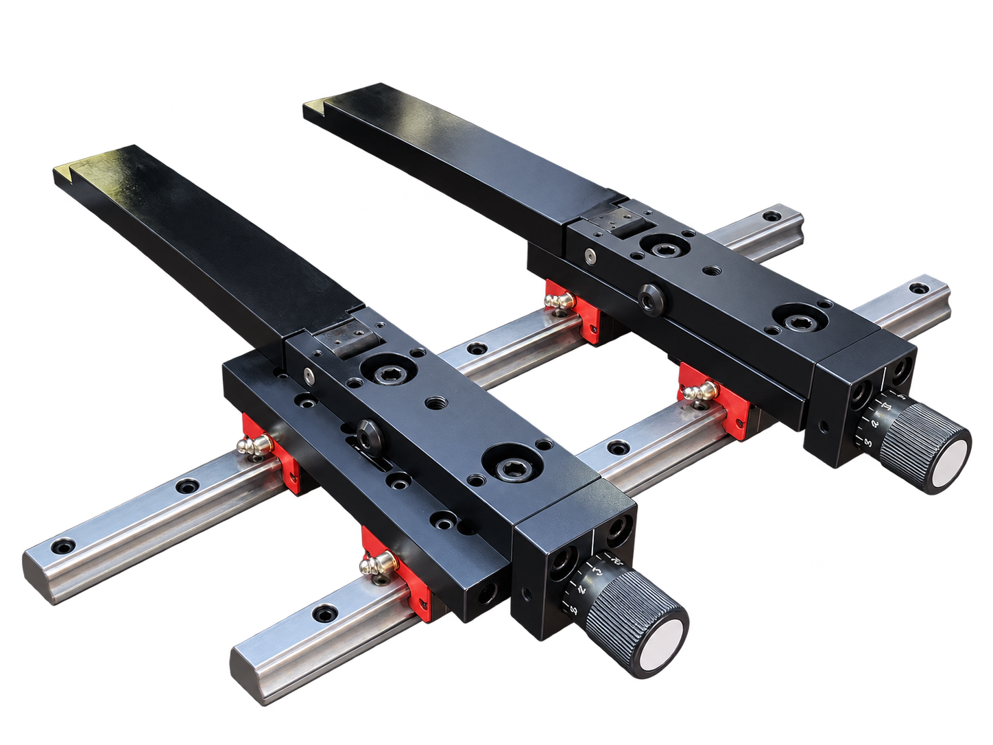 Backgauge probes on linear guides with manual adjustment knobs