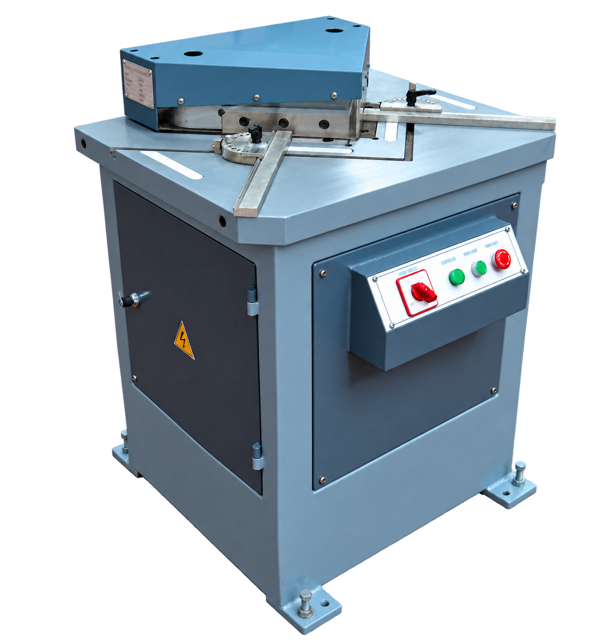 Hydraulic corner notcher on a clean presentation background