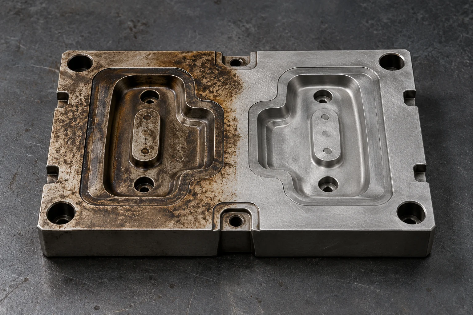 Illustration of a mould insert with residue on one side and cleaned machining detail on the other.