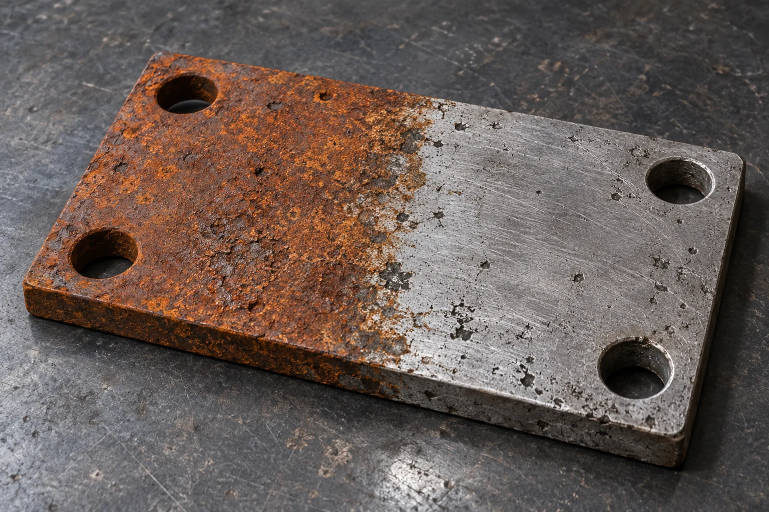 Illustration of a steel plate with rust on one half and exposed pitted metal on the other.