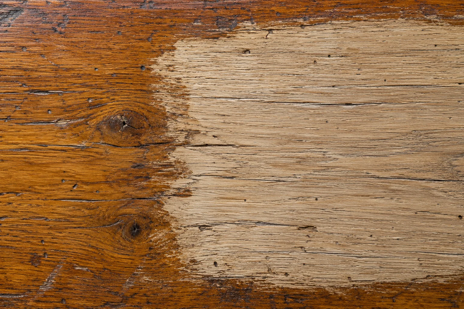 Illustration of aged timber with amber varnish beside an exposed wood test patch.