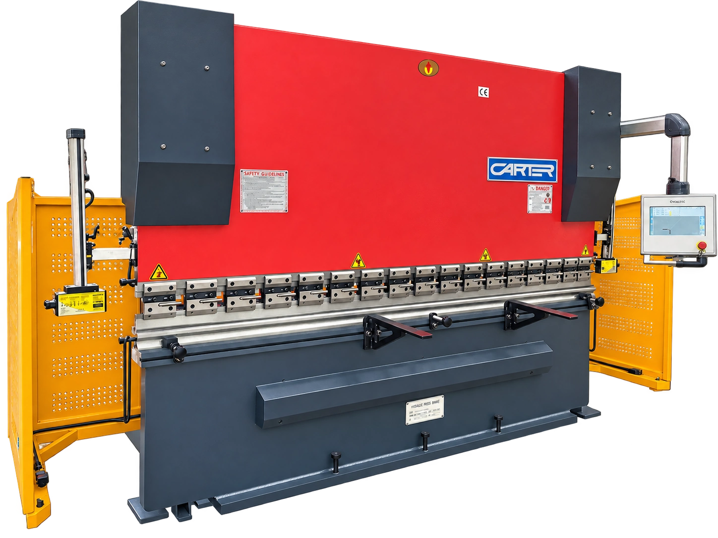 Carter red and charcoal five-axis press brake with yellow laser guards
