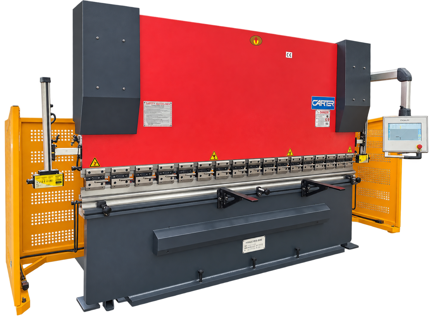 Carter red and charcoal five-axis press brake with yellow laser guards